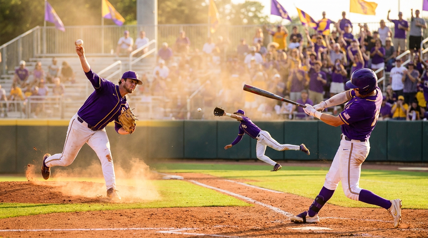 LSU baseball action: pitcher, batter, and outfielder in motion
