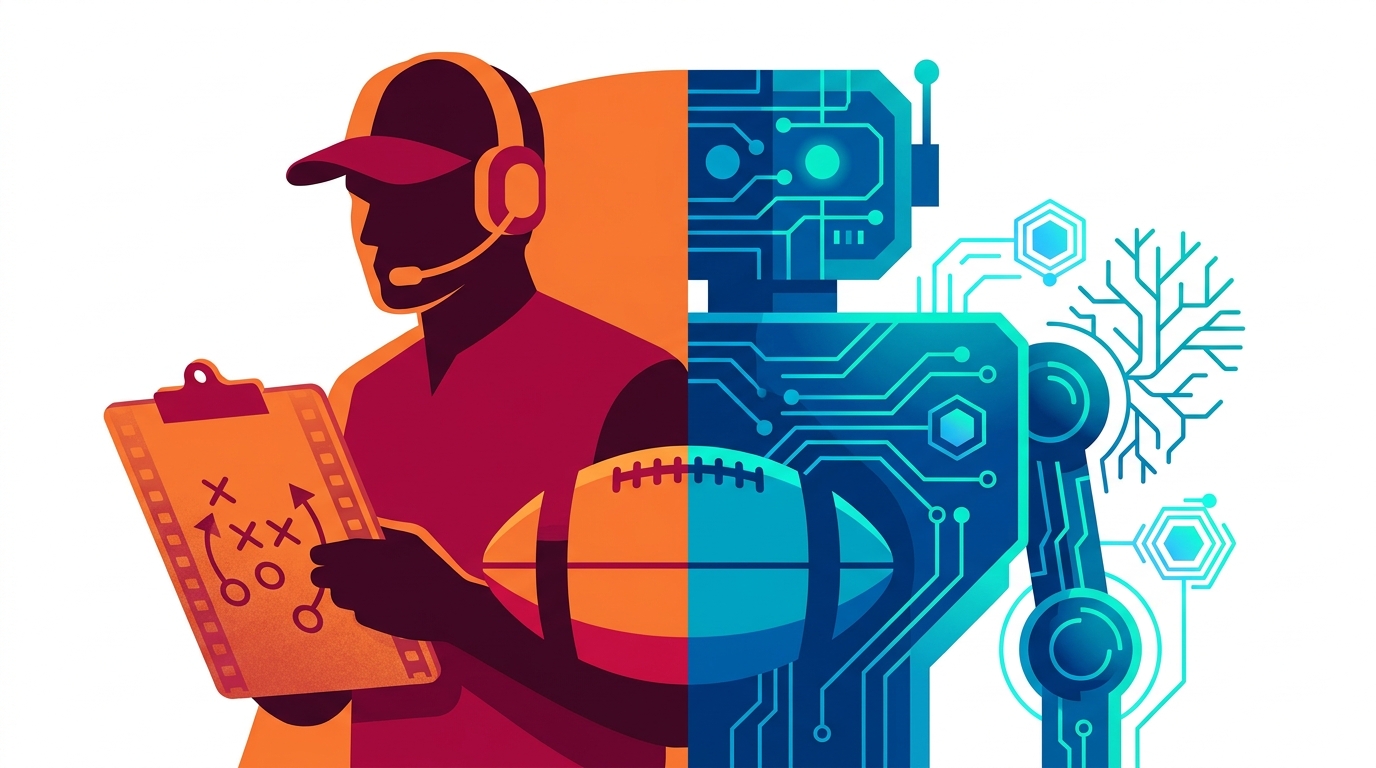 Split-screen man vs machine illustration