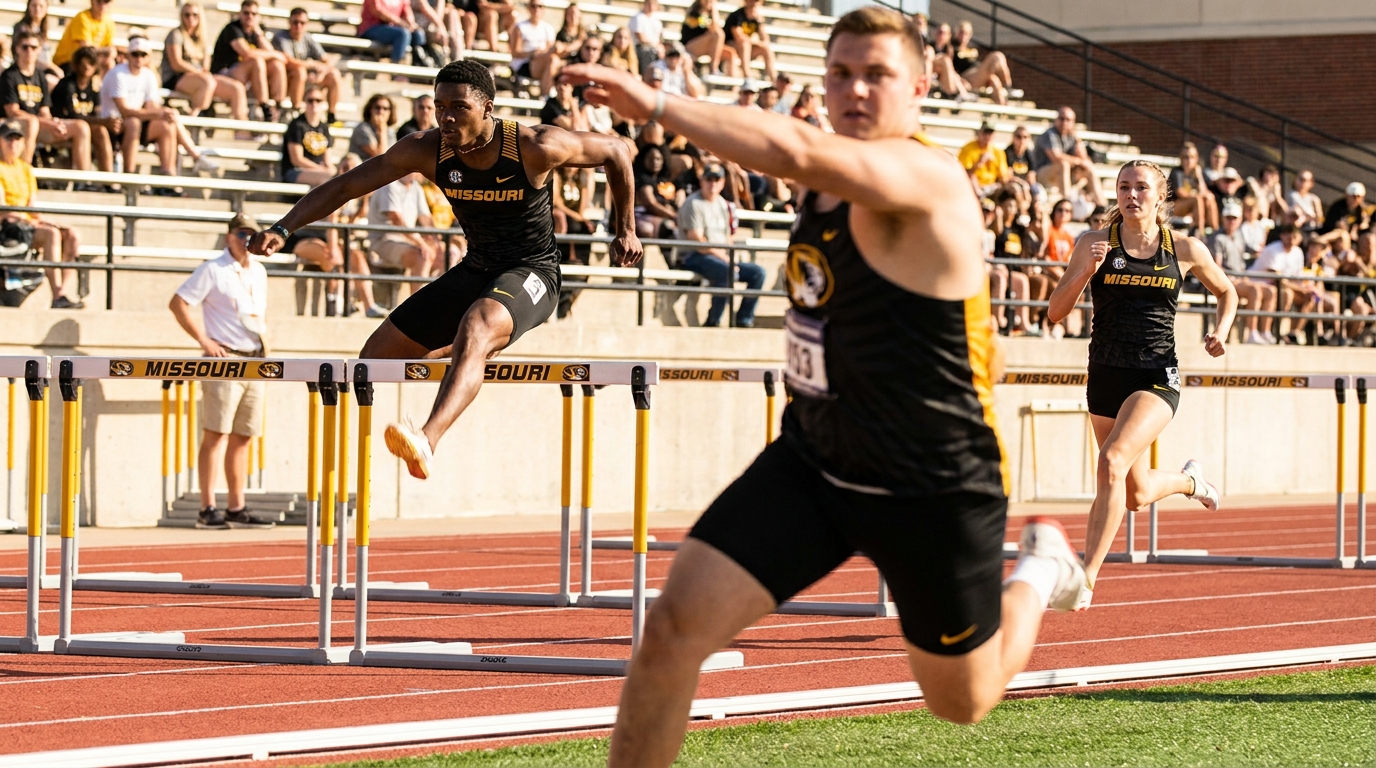Missouri Tigers competing mid-race and in field events