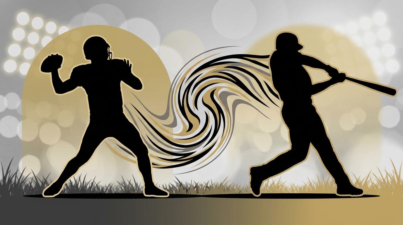 Silhouettes of a quarterback and baseball batter merging into tiger stripe motif in black and gold