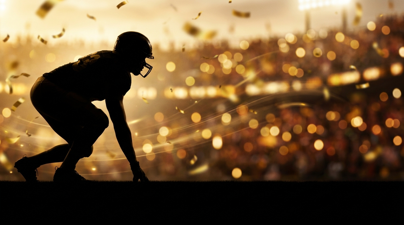 Silhouetted EDGE player in Missouri black and gold with blurred stadium background and gold confetti