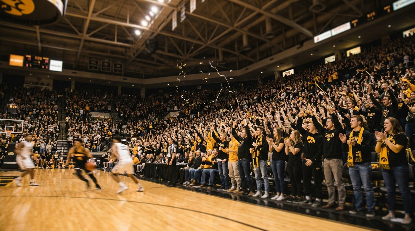 Packed basketball arena and hardwood court with cheering crowd