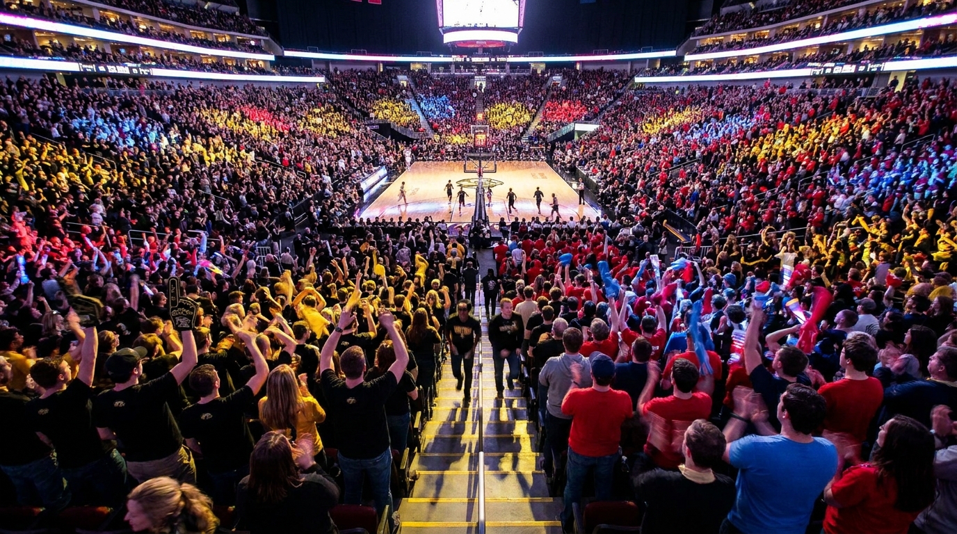 Packed T-Mobile Center crowd cheering during a Mizzou-Kansas Border War basketball game