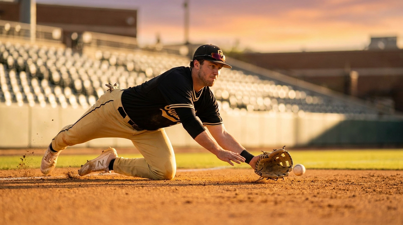 Missouri Tigers infielder diving for a ground ball in warm golden-hour light