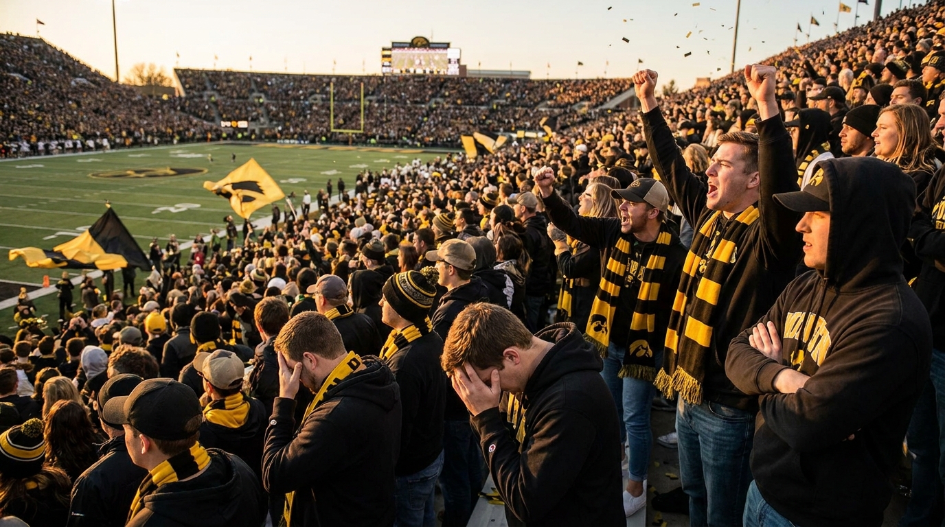 Crowd of Missouri Tigers fans at dusk showing tension and charged emotions, black and gold colors, no text