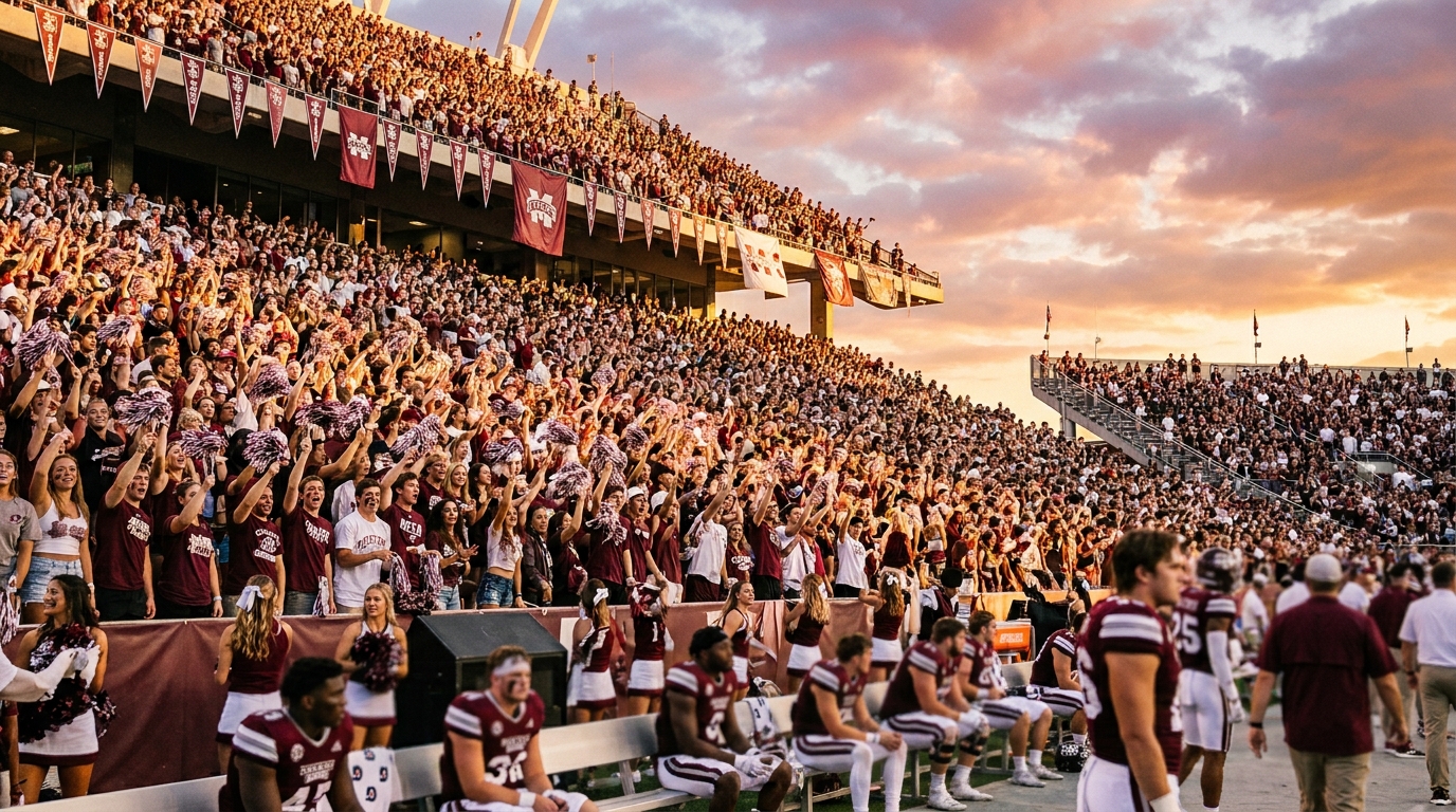 Mississippi State Bulldogs game day atmosphere showing fans in maroon and white packed in the stands during golden hour; players blurred on the sideline in the foreground