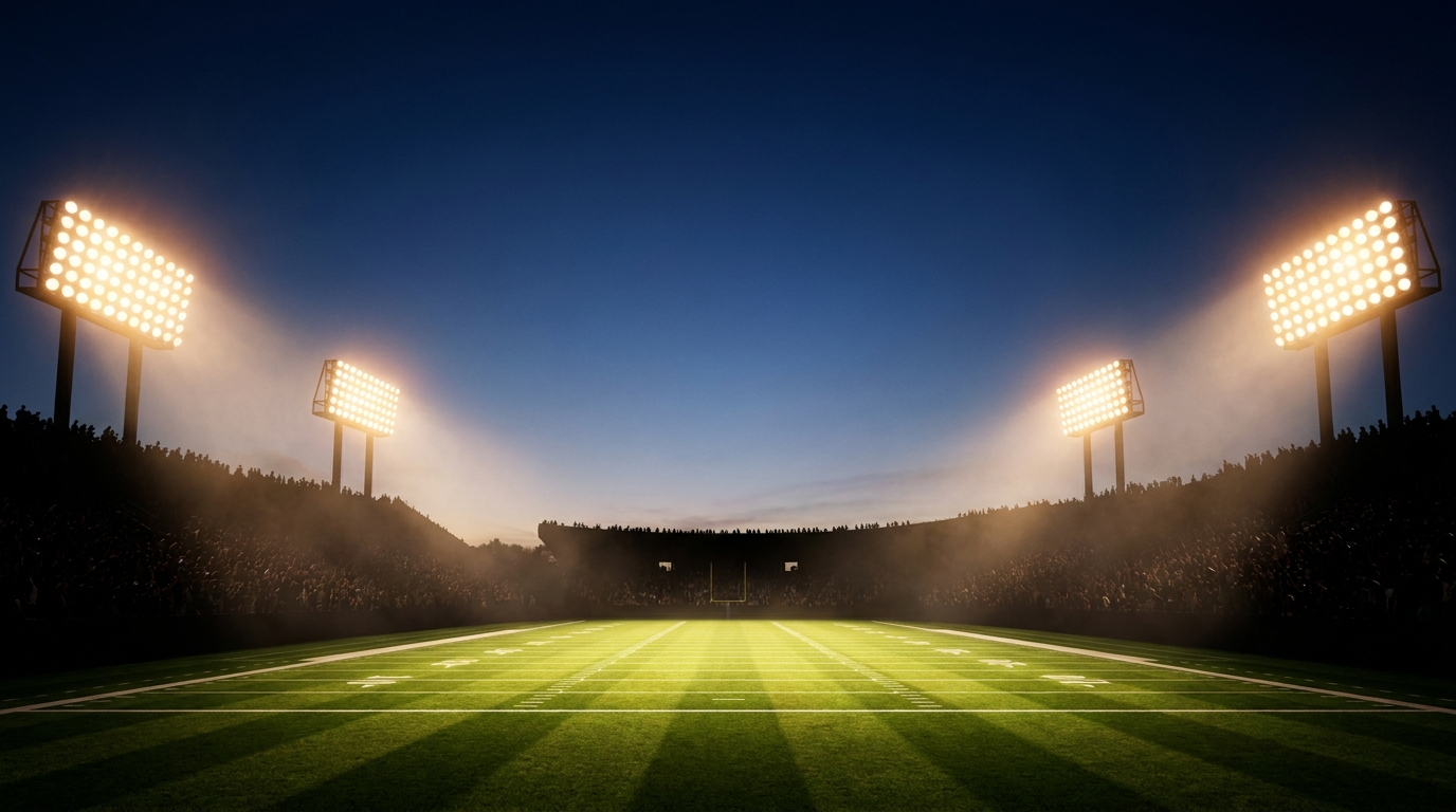 Evening college football stadium under lights