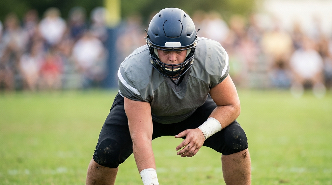 Offensive lineman in blocking stance on green field