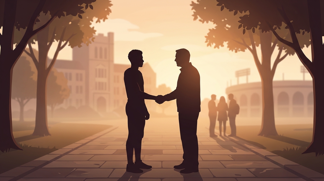Silhouette of recruit and coach shaking hands on a campus walkway at golden hour