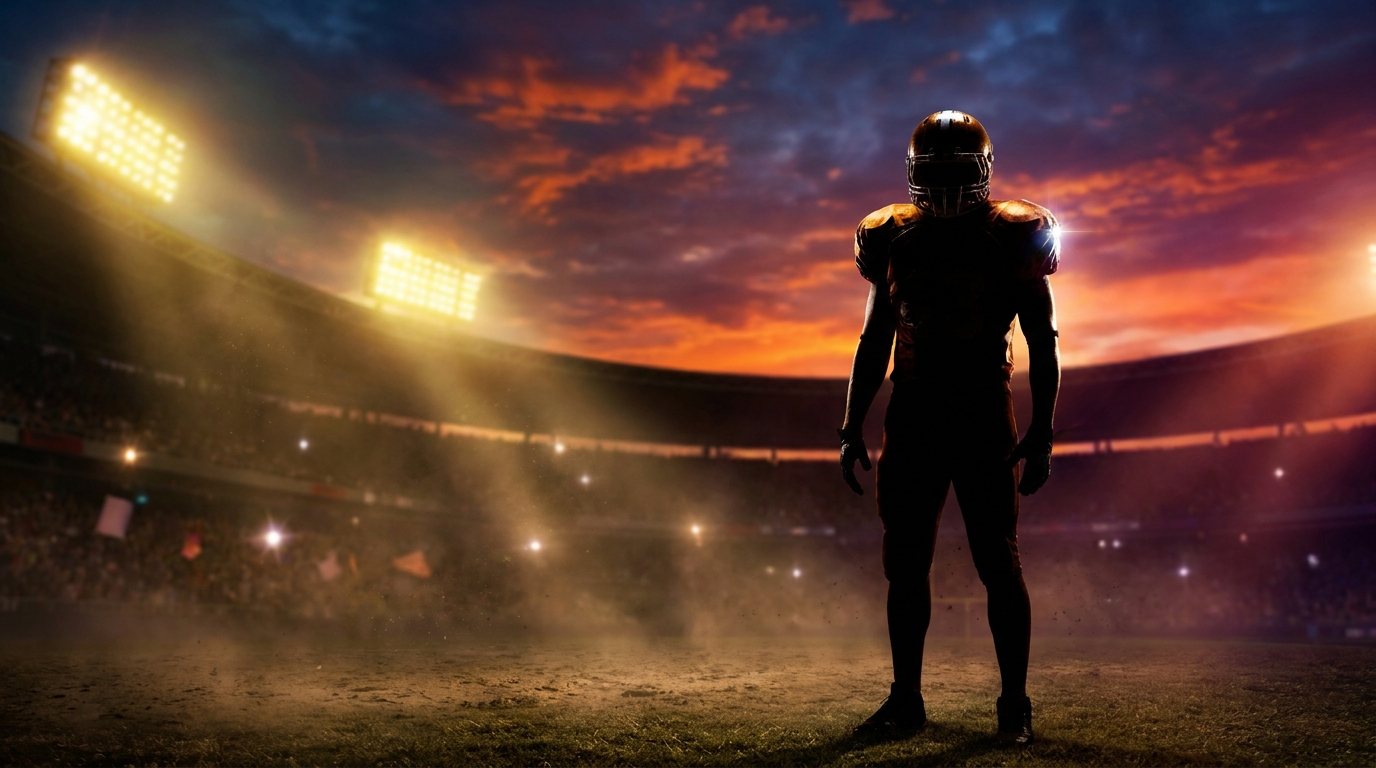 Football player silhouette in front of a stadium at sunset with stadium lights beginning to glow