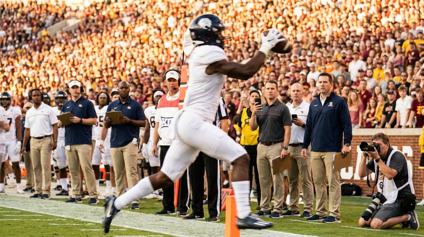 Standout receiver leaping to catch a pass at a packed stadium sideline with scouts and photographers