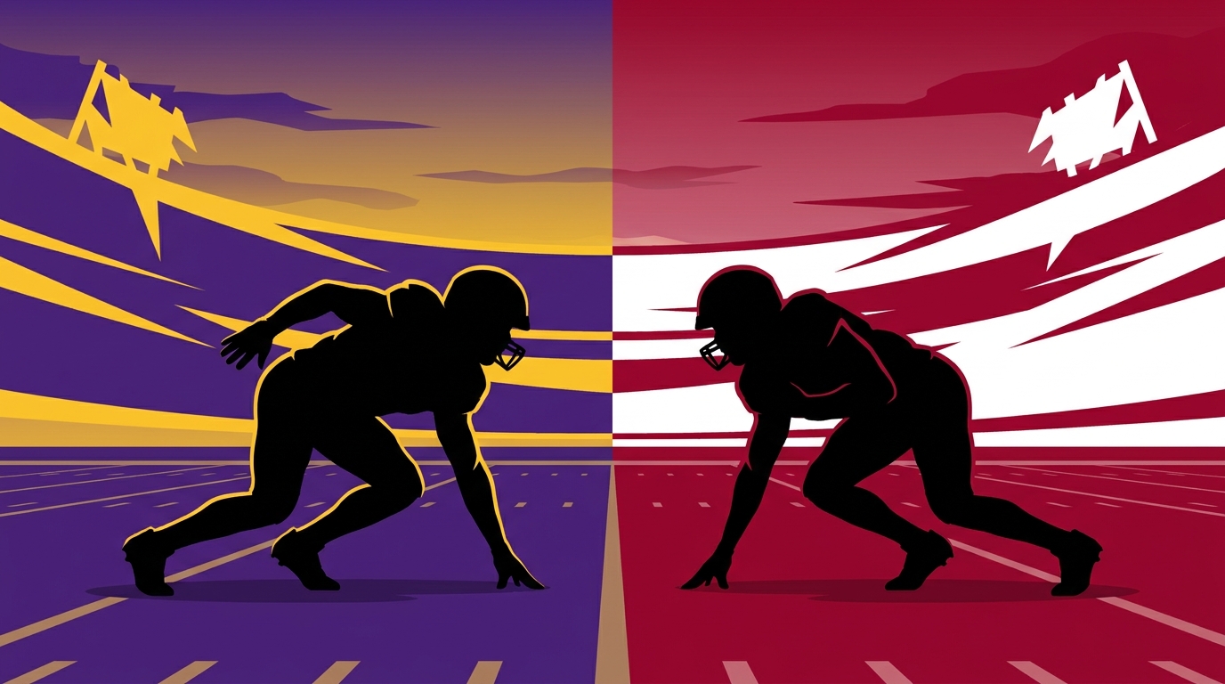 Split football field showing LSU purple left and Alabama crimson right with two player silhouettes facing each other at midline under stadium lights at dusk.