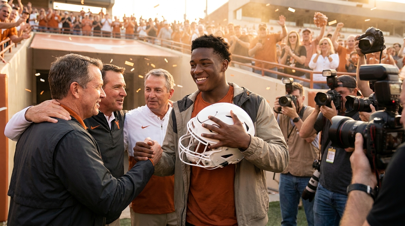 Signing day celebration showing a young recruit holding a helmet as coaches and fans cheer in a sunlit stadium tunnel, confetti falling.