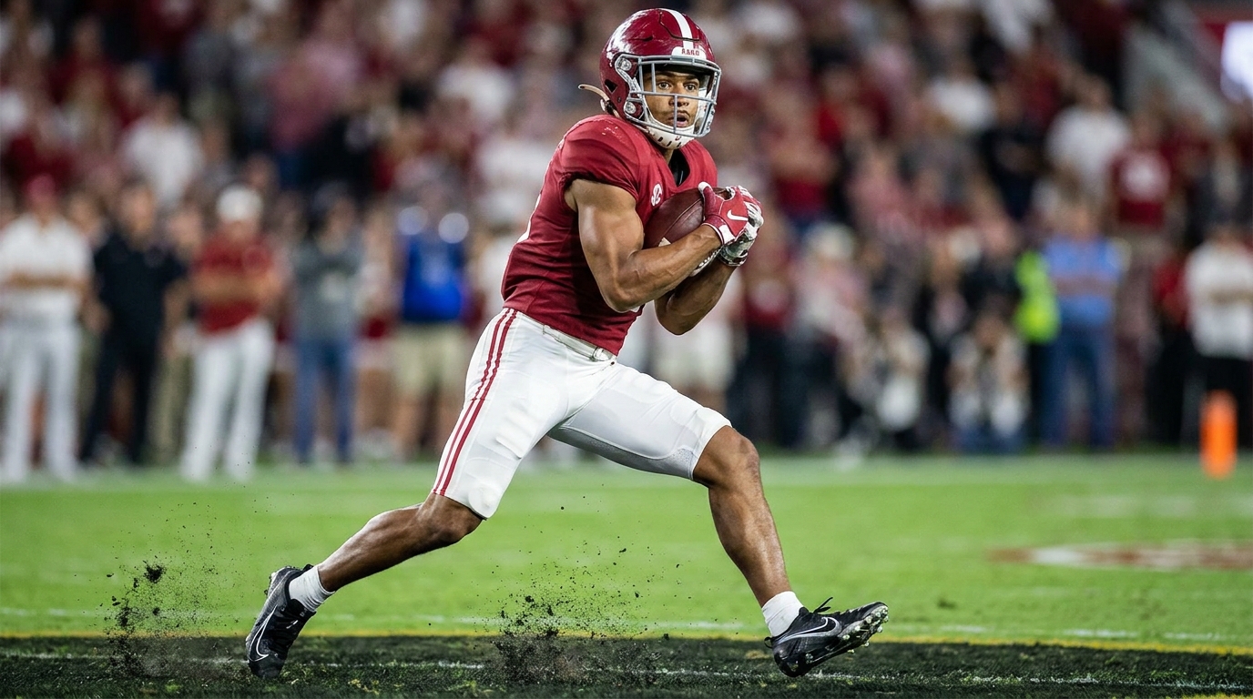 Ryan Coleman-Williams making a dynamic sideline catch in Alabama Crimson Tide uniform, turf flying, stadium lights background