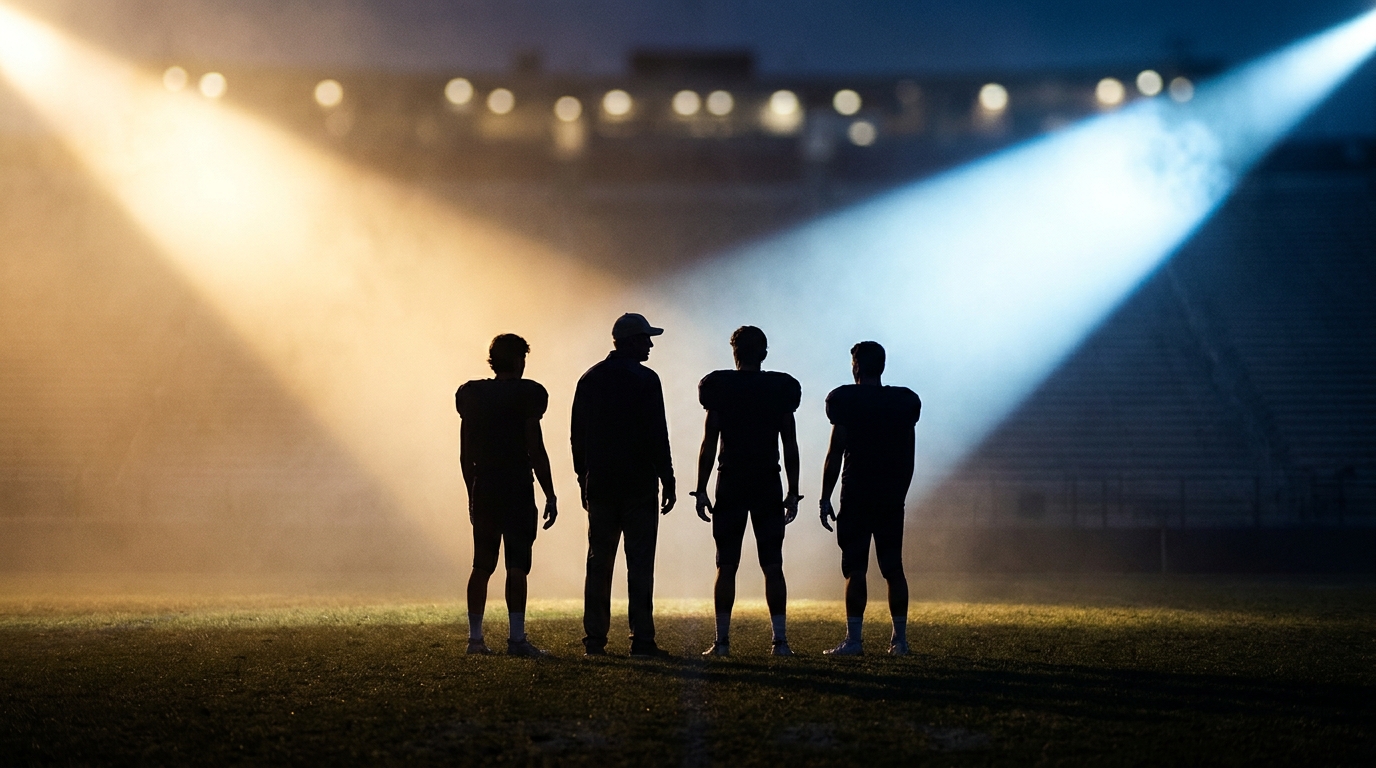 Dynamic silhouettes of a coach and recruits under contrasting spotlights