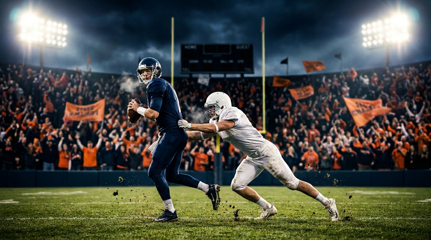 Nighttime stadium action with a quarterback evading a tackle, a defender lunging, flying turf, dramatic stadium lights, and a cheering crowd with orange accents; no logos or text.