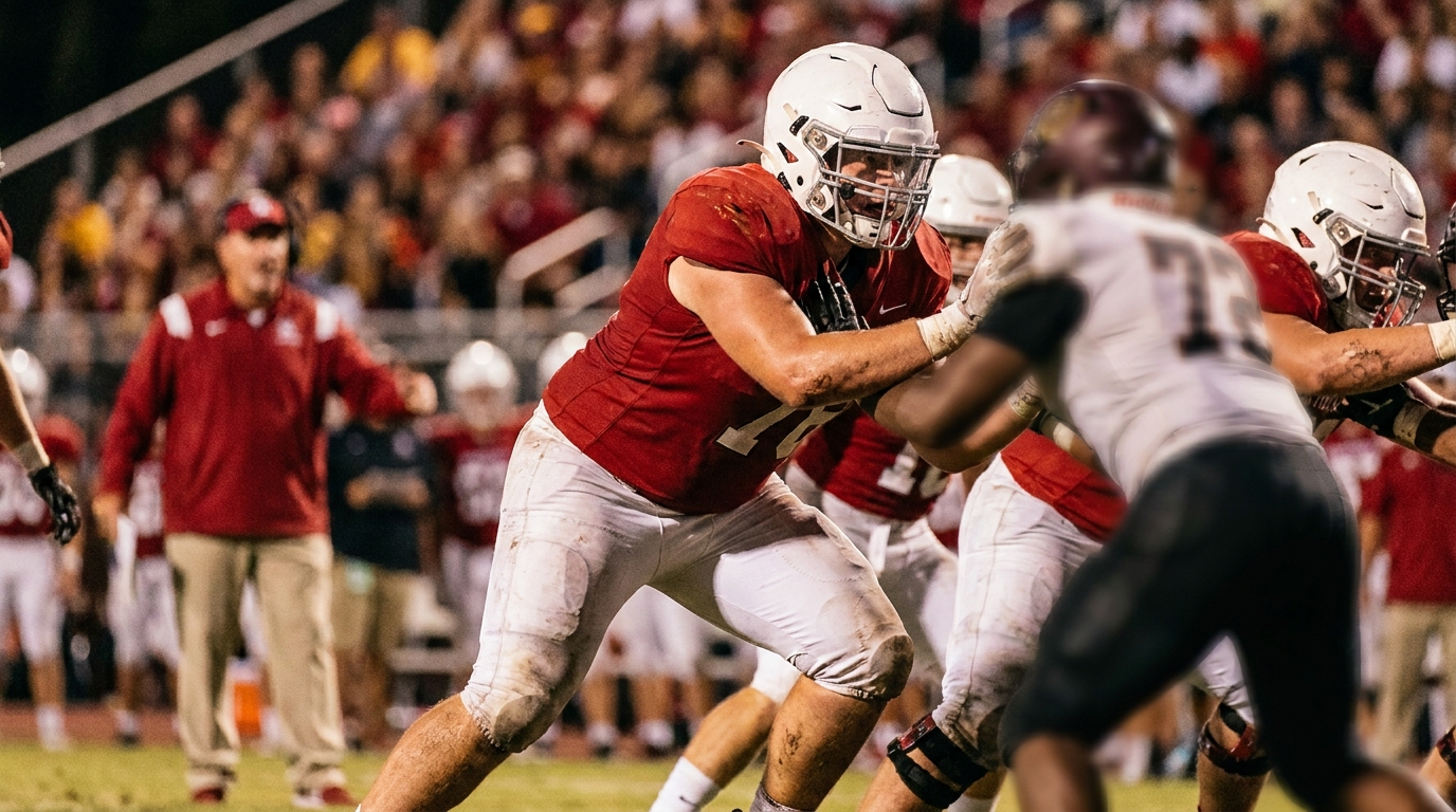 Offensive lineman driving forward, teammates blurred in background
