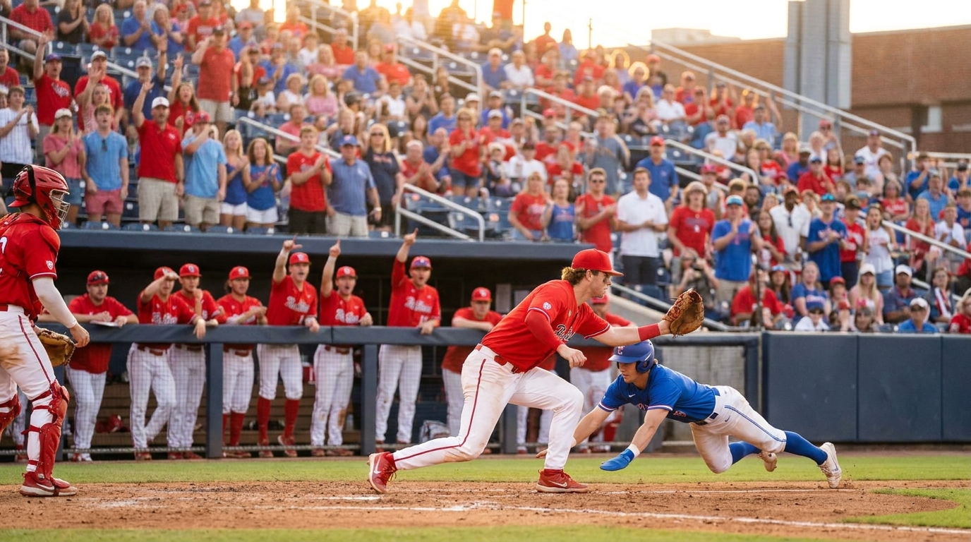 Oklahoma and Kansas players in a tense Super Regional play with fans cheering in the stands