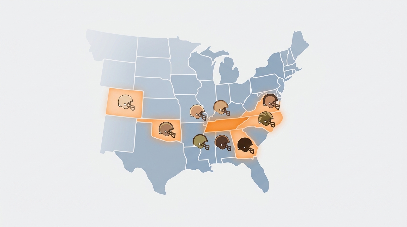 Stylized map and helmets showing Tennessee football 2027 recruiting class diversity