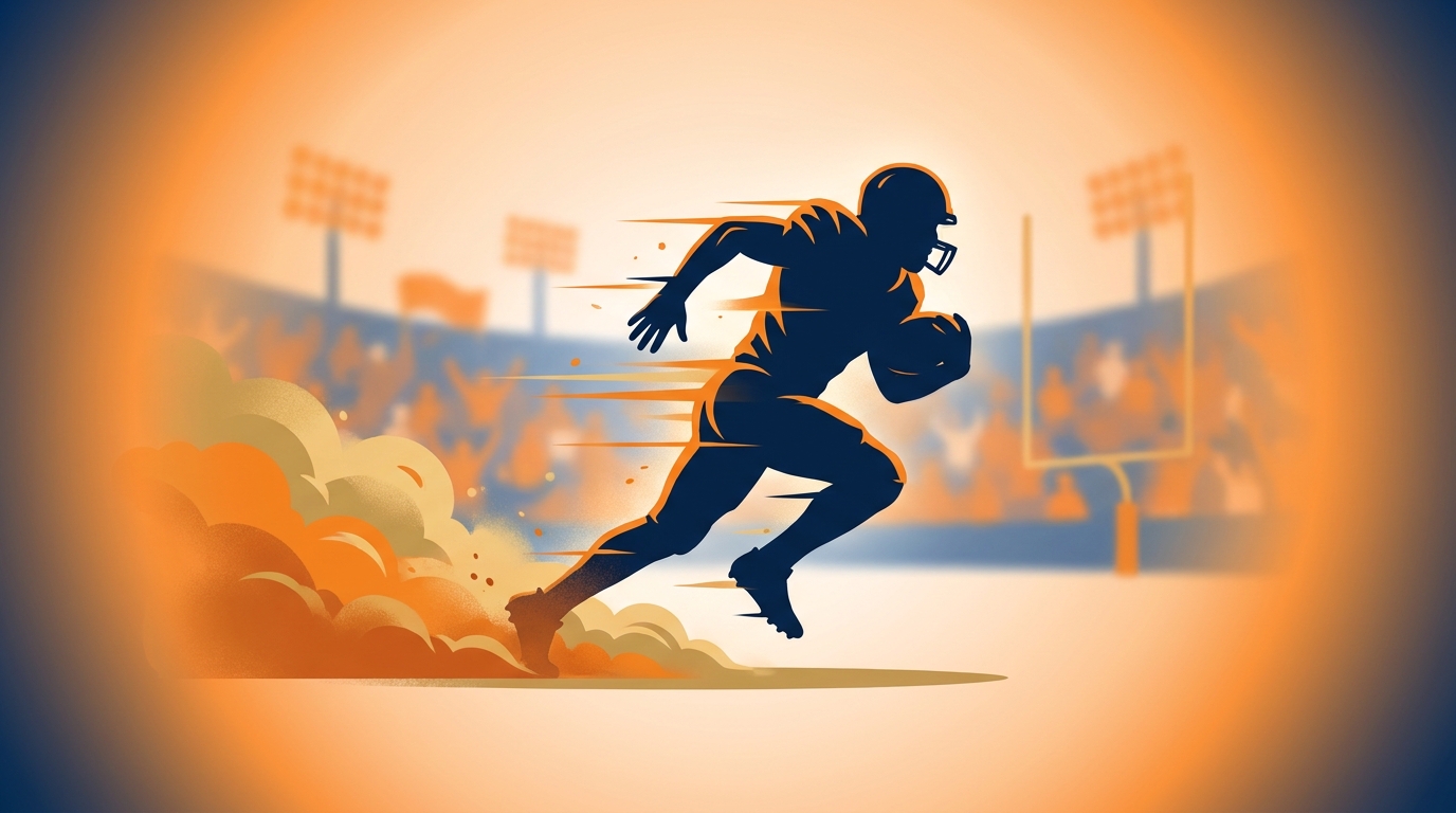 Dynamic silhouette of a running back bursting forward with motion lines and stadium lights in Tennessee orange and navy