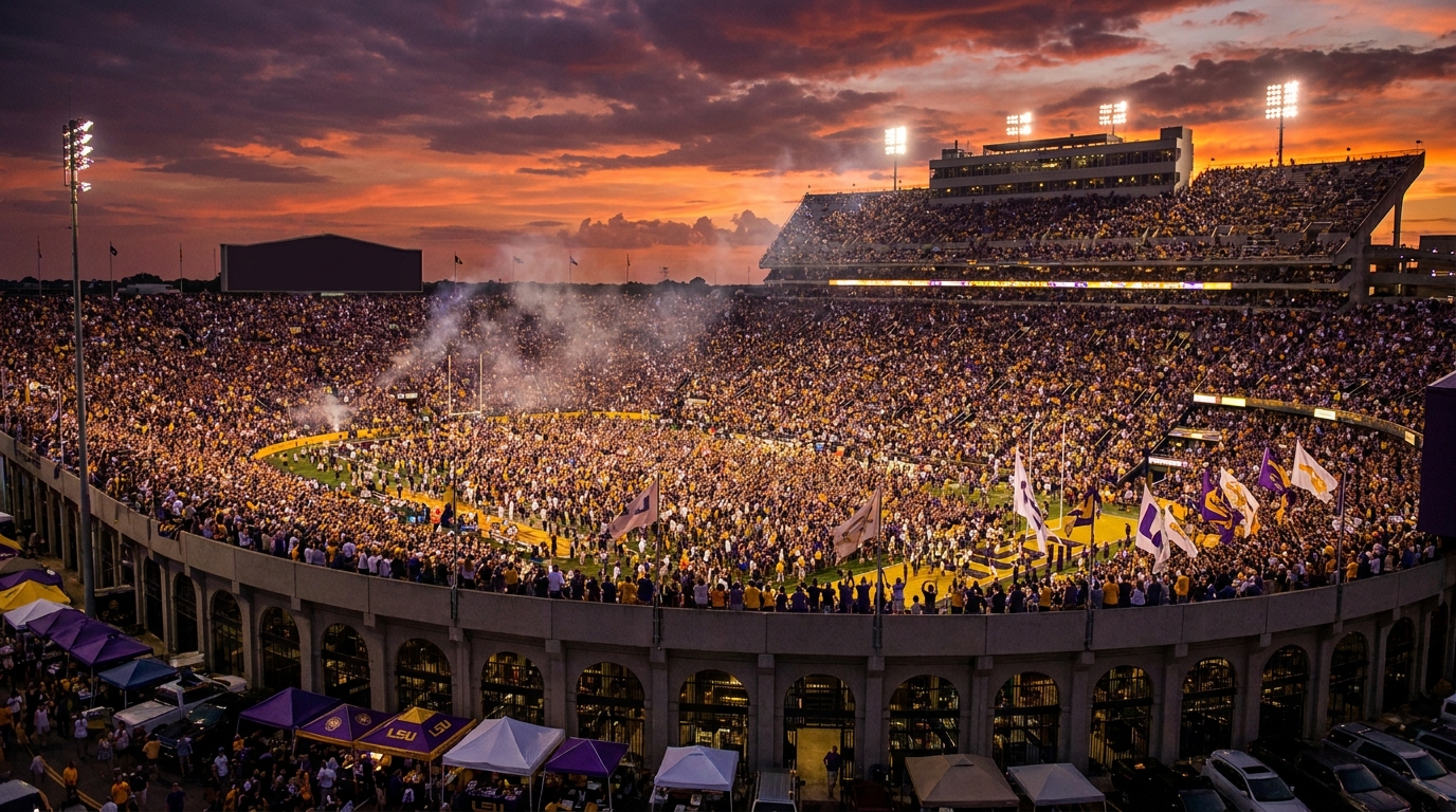 Tiger Stadium at dusk, packed game-day crowd in purple and gold capturing Death Valley atmosphere
