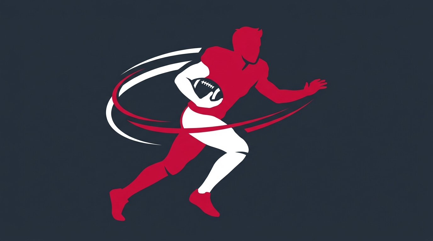Silhouette of a high school football prospect in motion holding a football, crimson and white accents, dynamic motion streaks