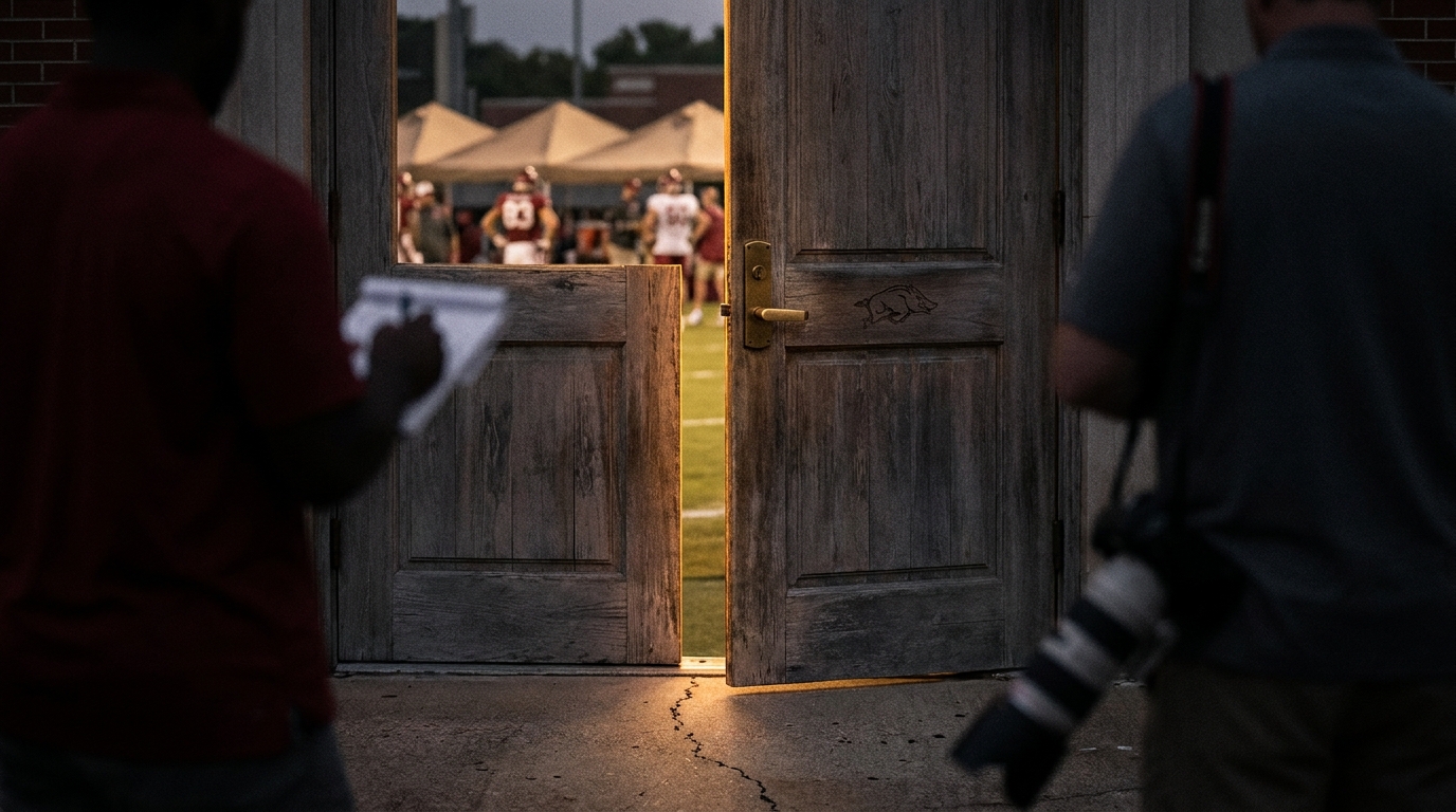 Closed camp doors with Razorbacks motif