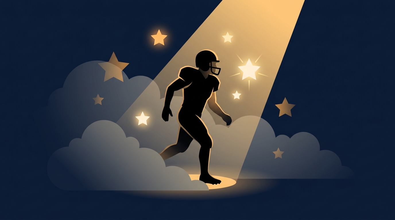 Silhouette of a football player stepping out of shadows into a warm gold spotlight with smaller bright stars shining among larger dim stars, symbolizing overlooked recruits emerging as hidden gems.