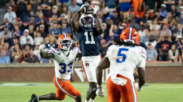 Auburn receivers Keshaun Singleton and Chas Nimrod tied for fifth in SEC receptions with 17 catches each, highlighting the team's high volume but low yardage per catch.