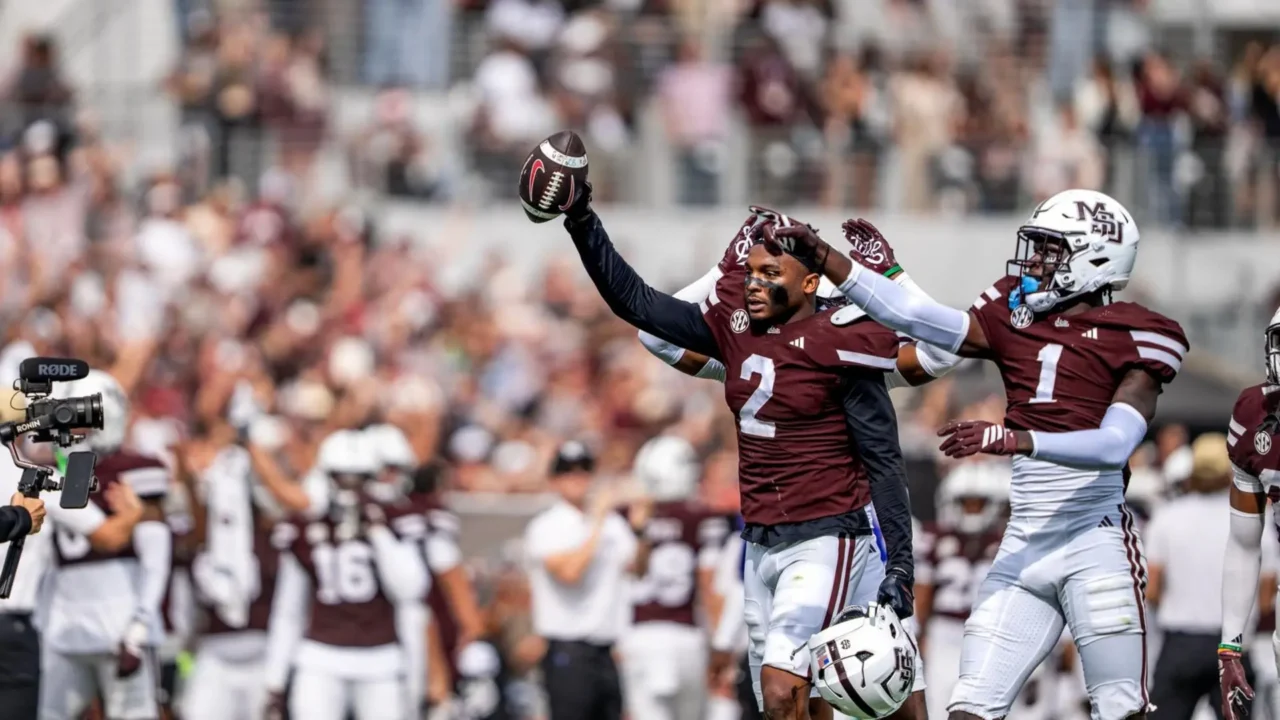 Mississippi State Safety Isaac Smith (#2) Mississippi State Cornerback Kelley Jones (#1)during the game between the Georgia Bulldogs and the Mississippi State Bulldogs at Davis Wade Stadium at Scott Field in Starkville, MS. Photo By Natalie Ryals